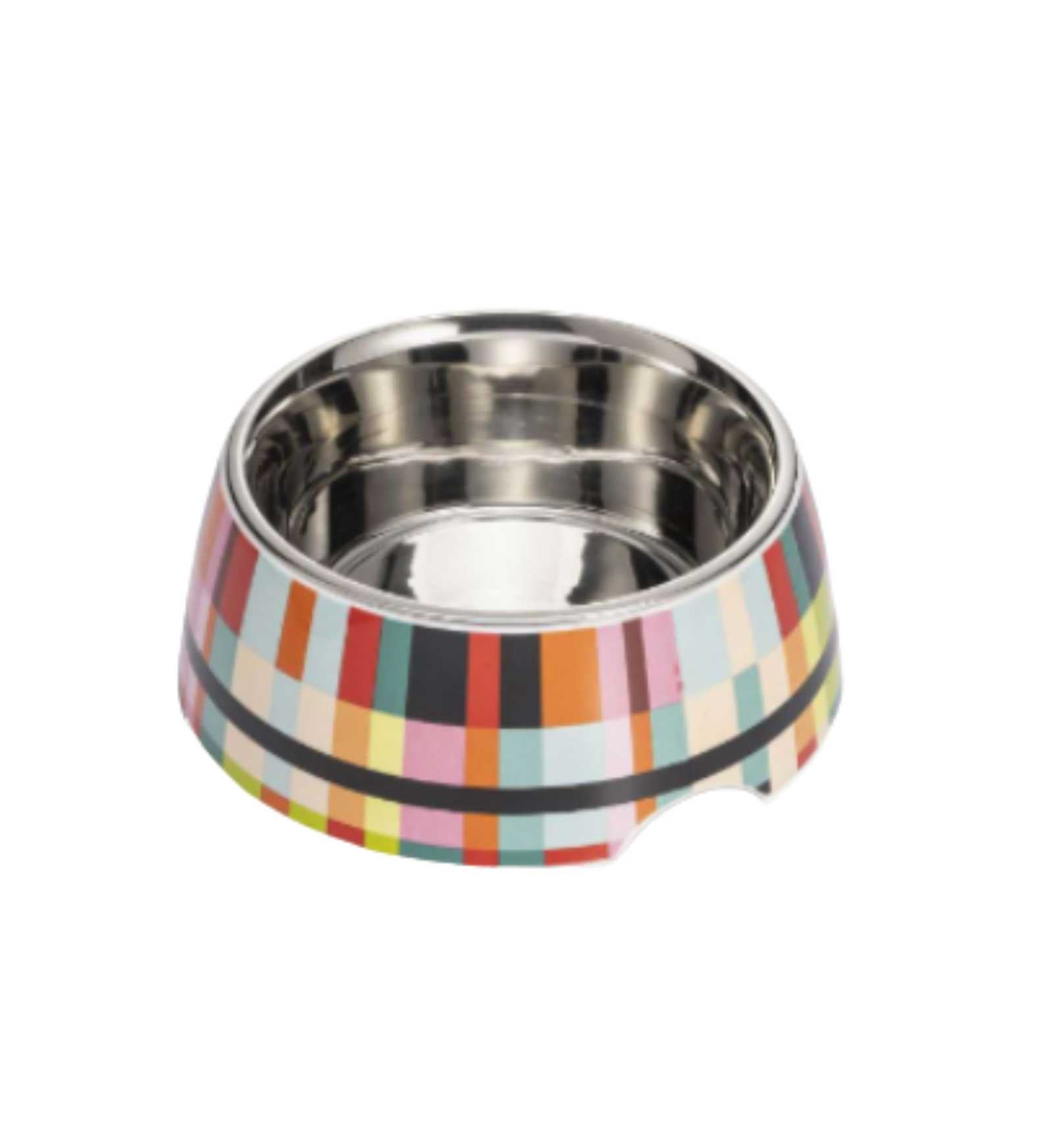 2026/08/1000395749.jpg Gamelle antidéparante en mélamine et acier inoxydable damier 400ml - LEOPET – Image 1